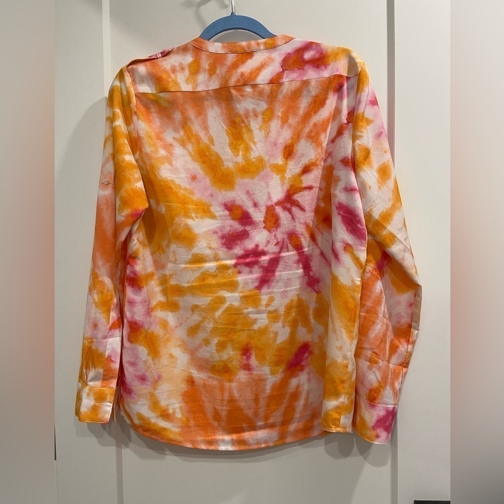Calvin Klein Tie Dyed Button Down Blouse Size Medium Pink and Orange - Picture 2 of 12